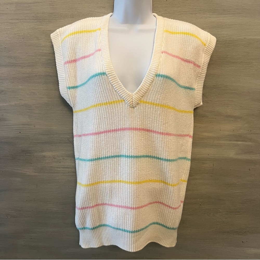 Vintage Here’s a HUG 100% Cotton‎ Pastel Stripe White Sweater Vest Size Small GC